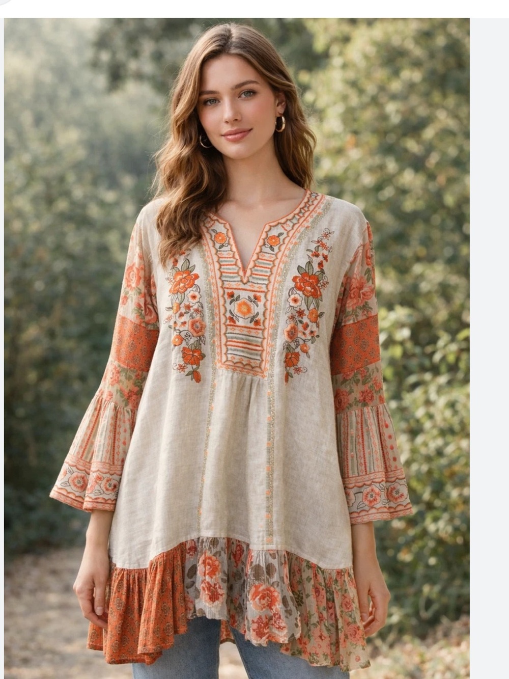 John Mark Cream Tunic with Orange Floral Embroidery and Mixed Prints